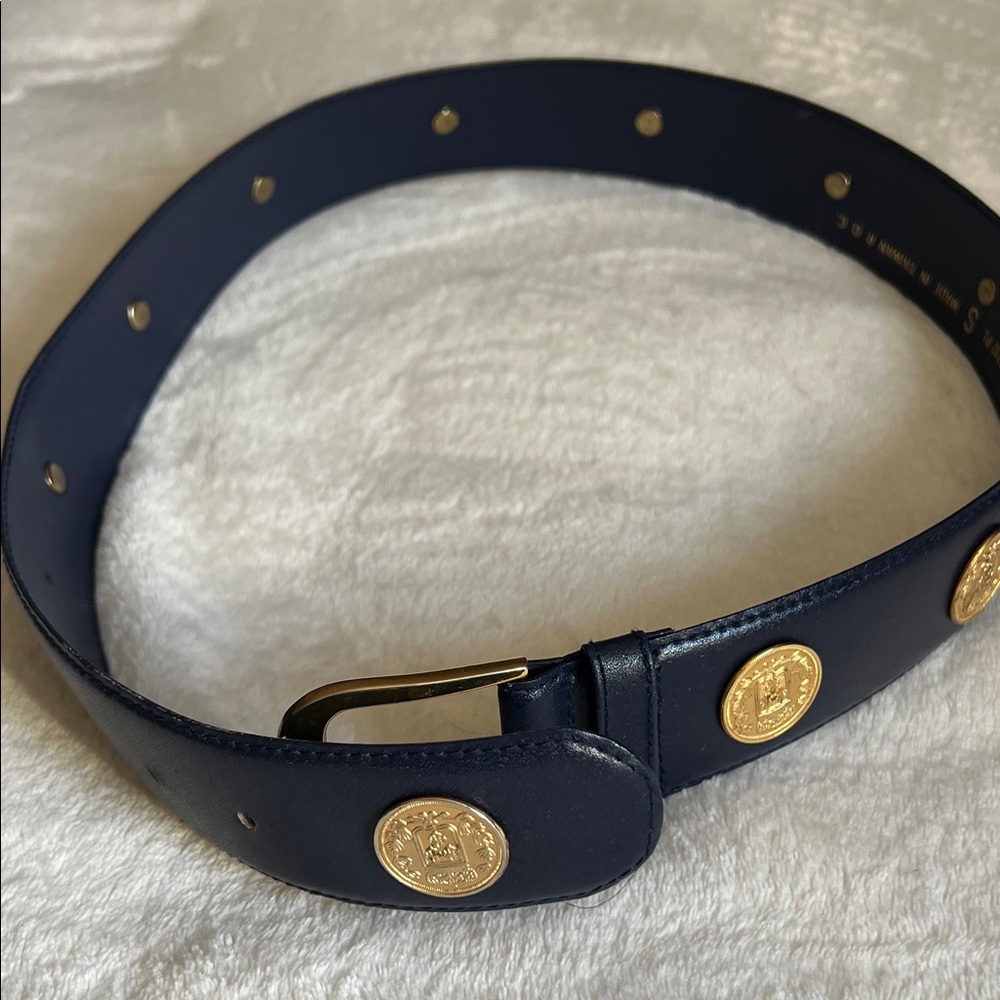 Navy Blue Leather Belt with Gold Accents